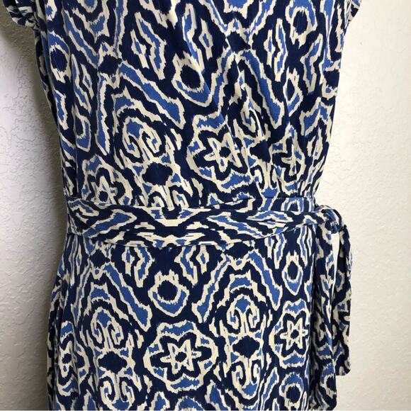 Boden blue and cream geometric print tie waist dress size 8L or 8 Long - Picture 3 of 15